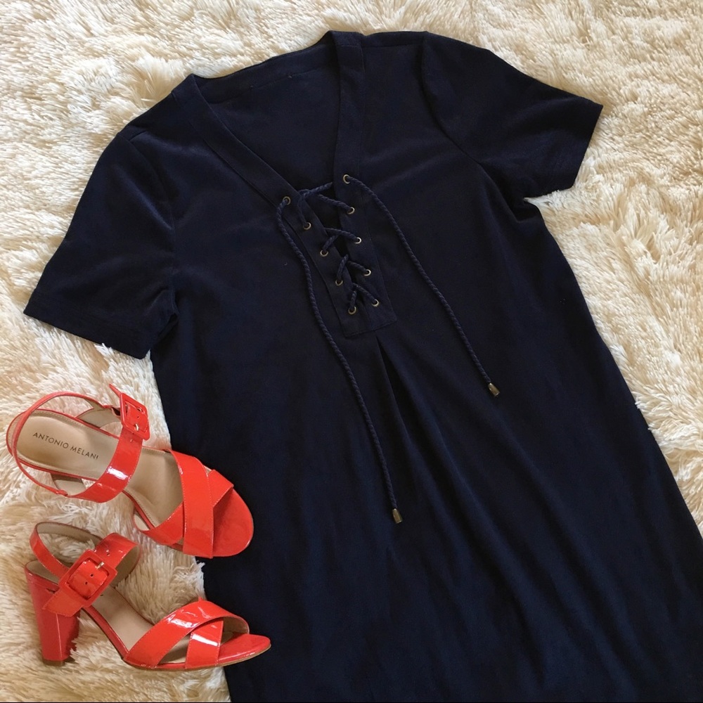 navy velvet lace up front tunic